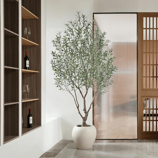 Artificial Olive Tree Indoor, 8FT Faux Olive Tree with Artisan Round Planter
