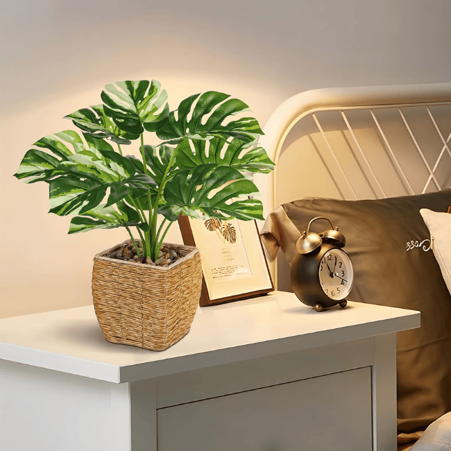 Variegated Monstera Artificial Plant in Woven Basket, Fake Potted Greenery for Indoor Home