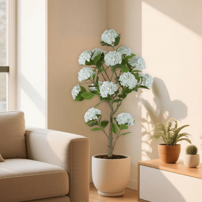 5FT White Hydrangea Artificial Tree – Real-Touch Silk Floral Design