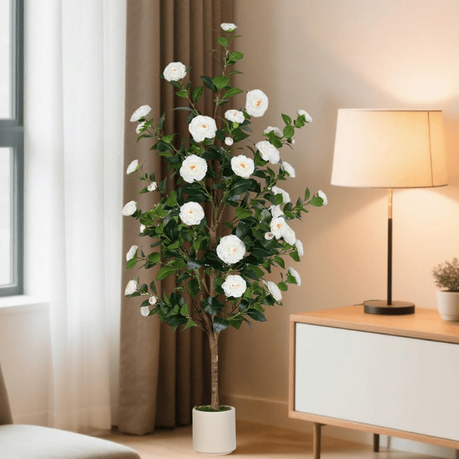 4.9FT White Camellia Artificial Tree – Lifelike Silk Blossoms & "Real-Touch" Foliage