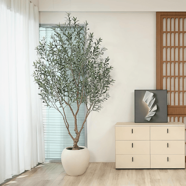 Artificial Olive Tree Indoor, 8FT Faux Olive Tree with Artisan Round Planter