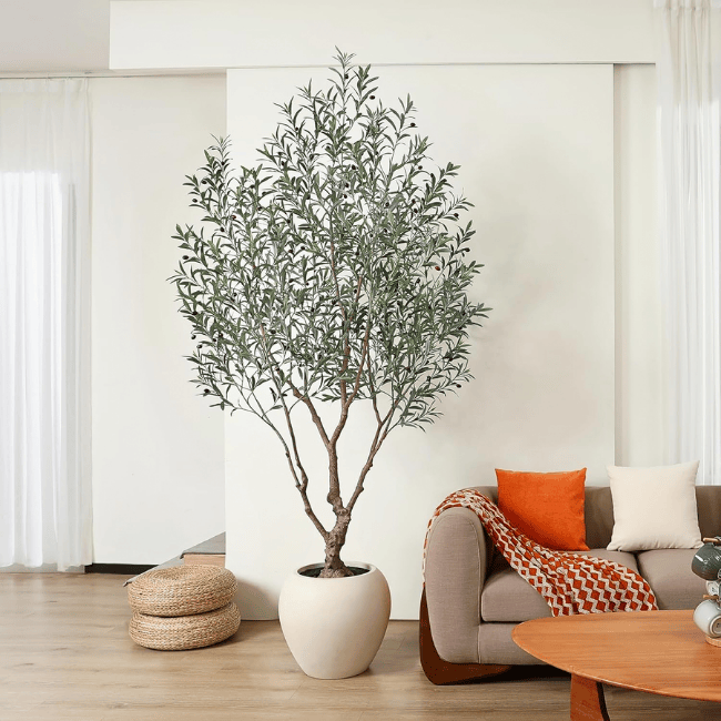 Artificial Olive Tree Indoor, 8FT Faux Olive Tree with Artisan Round Planter
