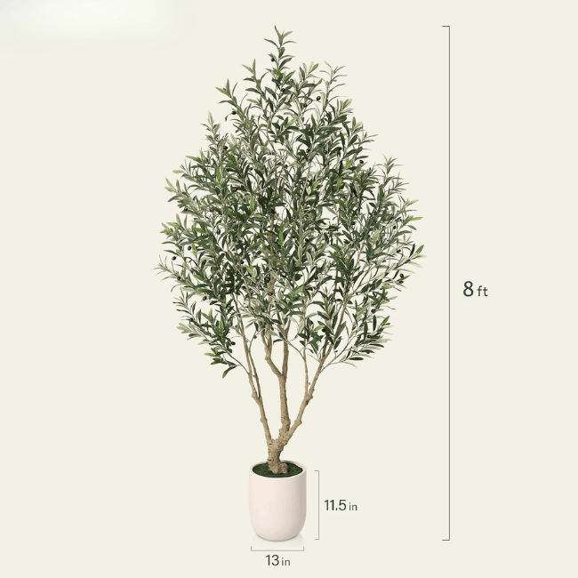 Artificial Olive Tree Indoor, 8FT Tall Faux Olive Tree with 11.5” White Cylinder Planter