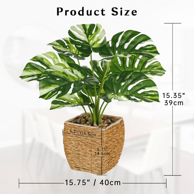 Variegated Monstera Artificial Plant in Woven Basket, Fake Potted Greenery for Indoor Home