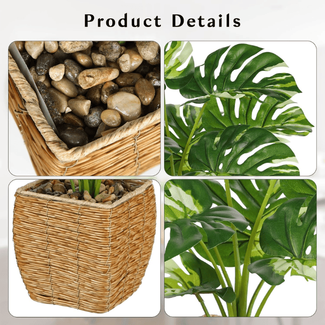 Variegated Monstera Artificial Plant in Woven Basket, Fake Potted Greenery for Indoor Home