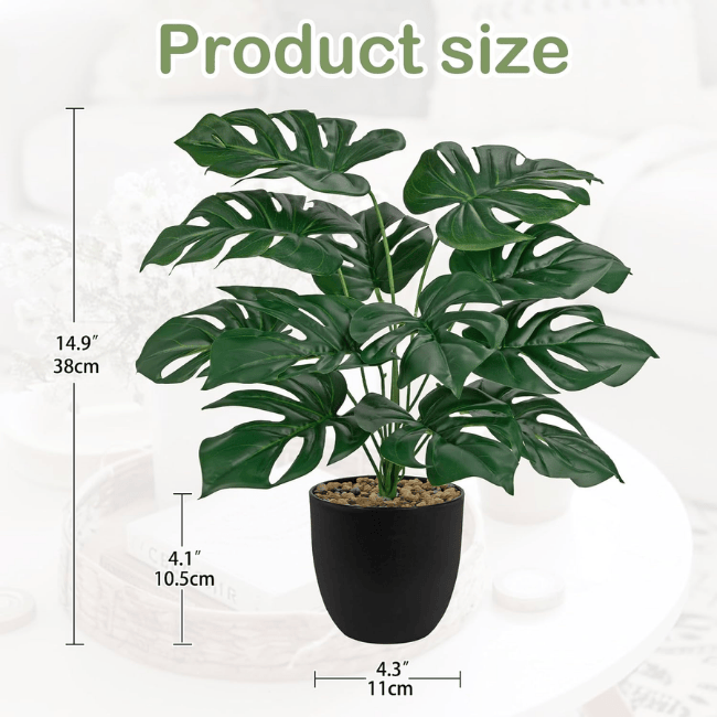 Artificial Monstera Plant with Black Pot, 14.9-Inch Tall Fake Greenery