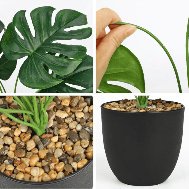 Artificial Monstera Plant with Black Pot, 14.9-Inch Tall Fake Greenery
