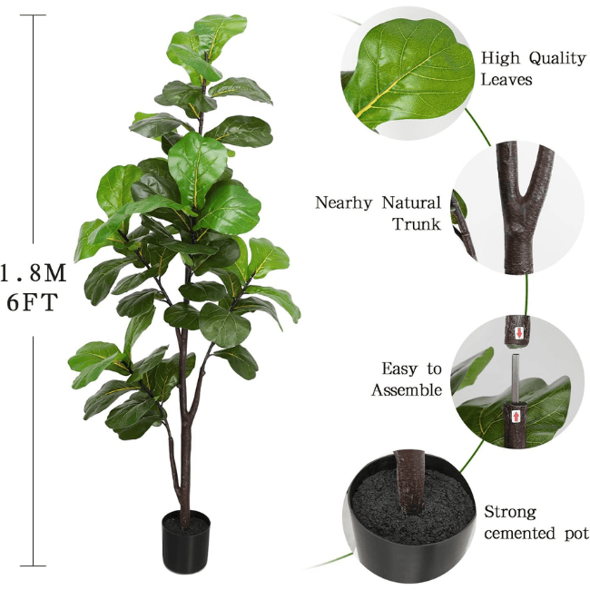 6FT Artificial Fiddle Leaf Fig Tree – Faux Ficus Lyrata in Pot for Indoor