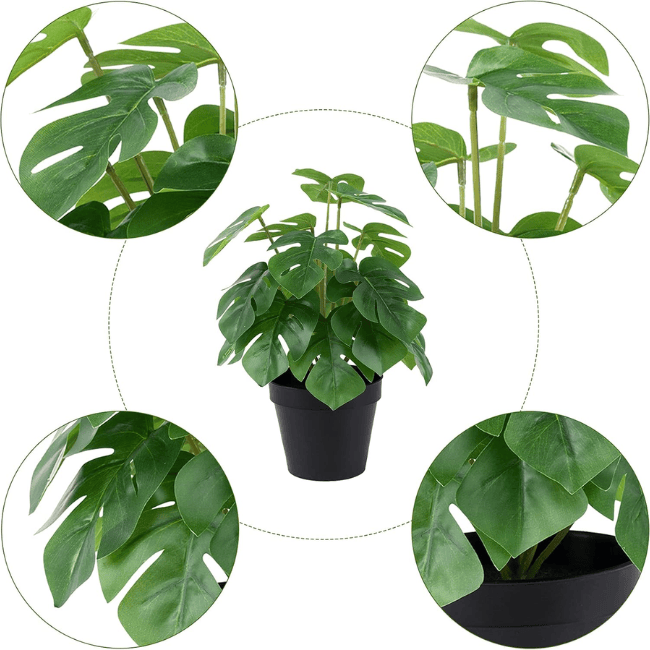 12" Mini Artificial Monstera Plant – Realistic Faux Potted Greenery in Modern Black Pot