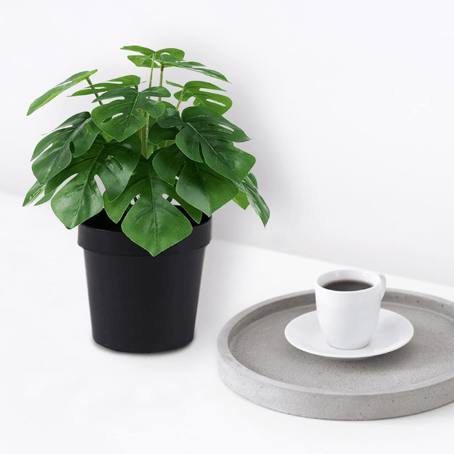 12" Mini Artificial Monstera Plant – Realistic Faux Potted Greenery in Modern Black Pot
