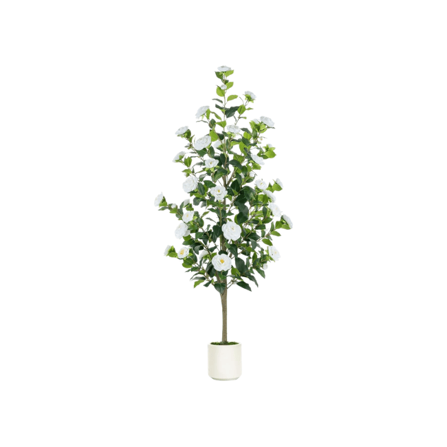 4.9FT White Camellia Artificial Tree – Lifelike Silk Blossoms & "Real-Touch" Foliage