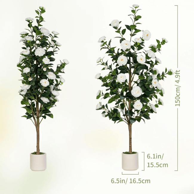 4.9FT White Camellia Artificial Tree – Lifelike Silk Blossoms & "Real-Touch" Foliage