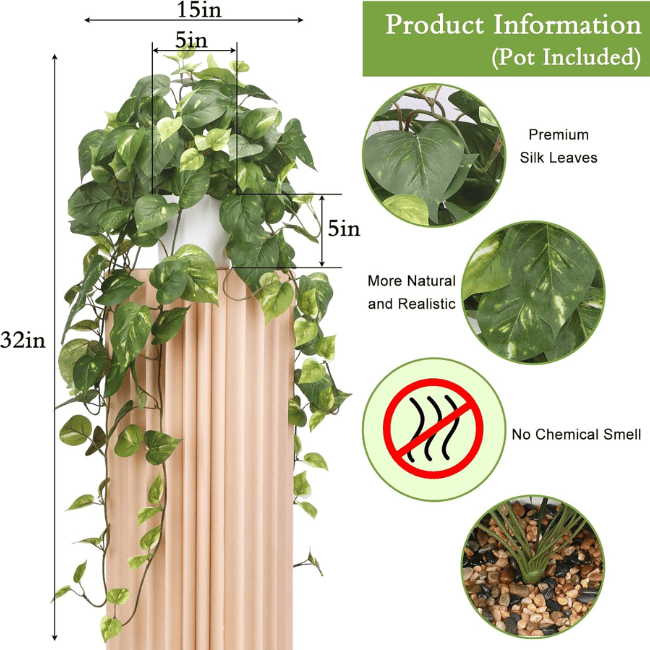 Artificial Potted Pothos – Realistic Green Foliage with Minimalist White Planter