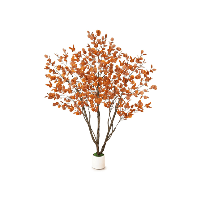 6FT Artificial Autumn Eucalyptus Tree with Natural Trunk & White Planter
