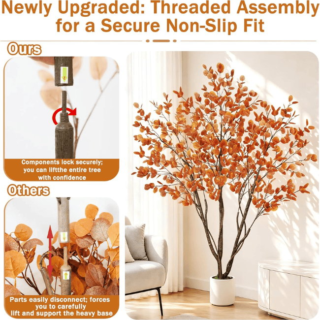 6FT Artificial Autumn Eucalyptus Tree with Natural Trunk & White Planter
