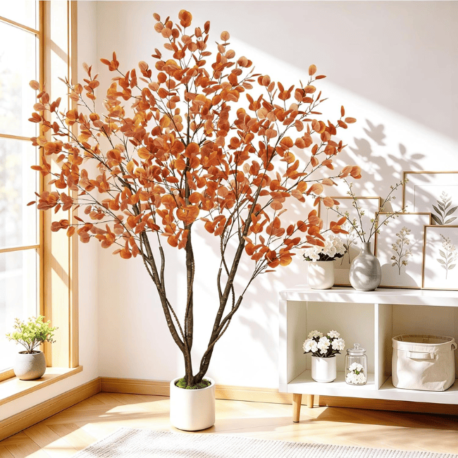 6FT Artificial Autumn Eucalyptus Tree with Natural Trunk & White Planter