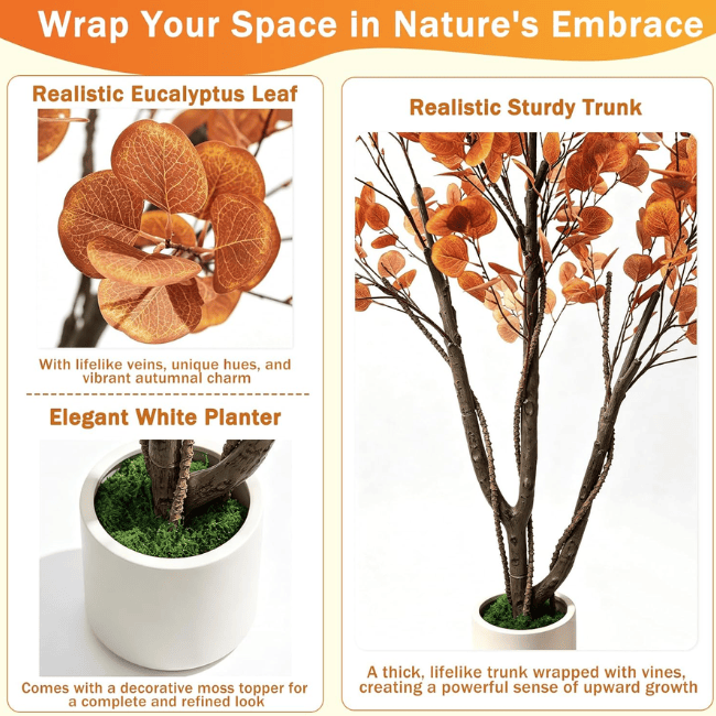 6FT Artificial Autumn Eucalyptus Tree with Natural Trunk & White Planter