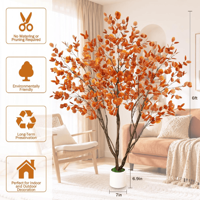 6FT Artificial Autumn Eucalyptus Tree with Natural Trunk & White Planter