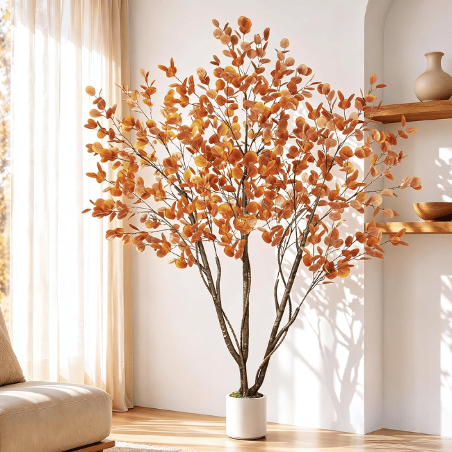 6FT Artificial Autumn Eucalyptus Tree with Natural Trunk & White Planter