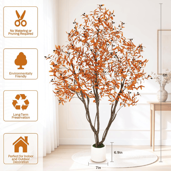 6FT Artificial Autumn Eucalyptus Tree with Natural Trunk & White Planter