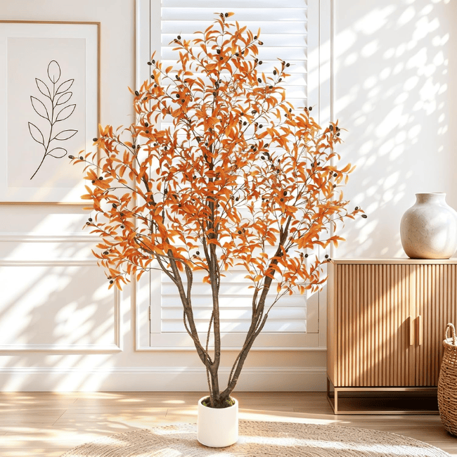 6FT Artificial Autumn Eucalyptus Tree with Natural Trunk & White Planter