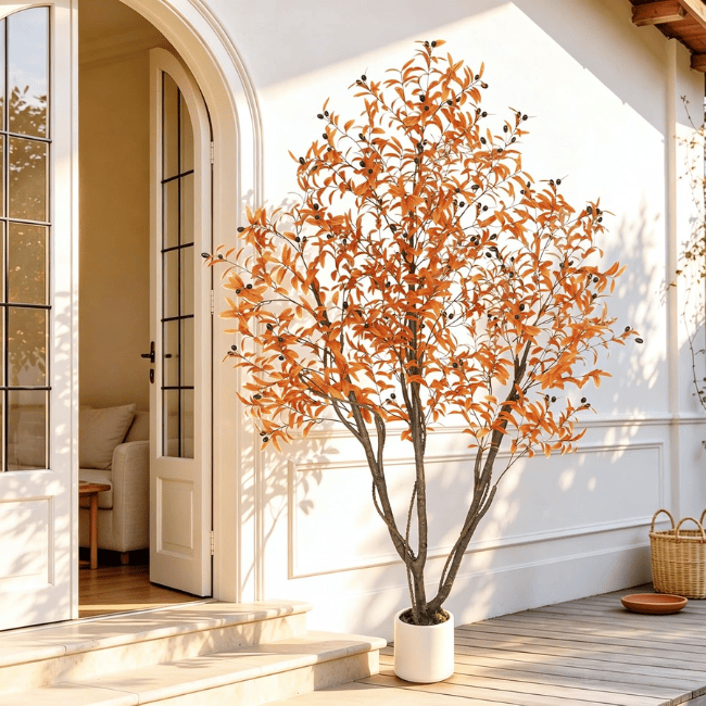 6FT Artificial Autumn Eucalyptus Tree with Natural Trunk & White Planter