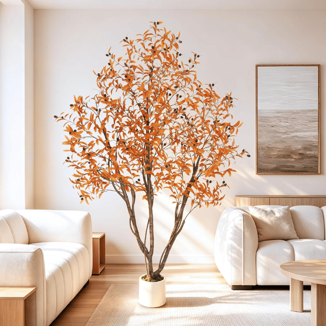 6FT Artificial Autumn Eucalyptus Tree with Natural Trunk & White Planter