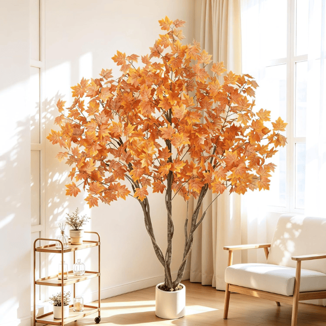 6FT Artificial Autumn Eucalyptus Tree with Natural Trunk & White Planter