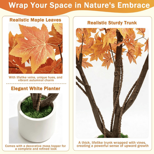 6FT Artificial Autumn Eucalyptus Tree with Natural Trunk & White Planter