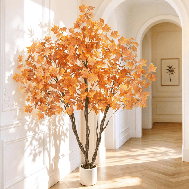 6FT Artificial Autumn Eucalyptus Tree with Natural Trunk & White Planter