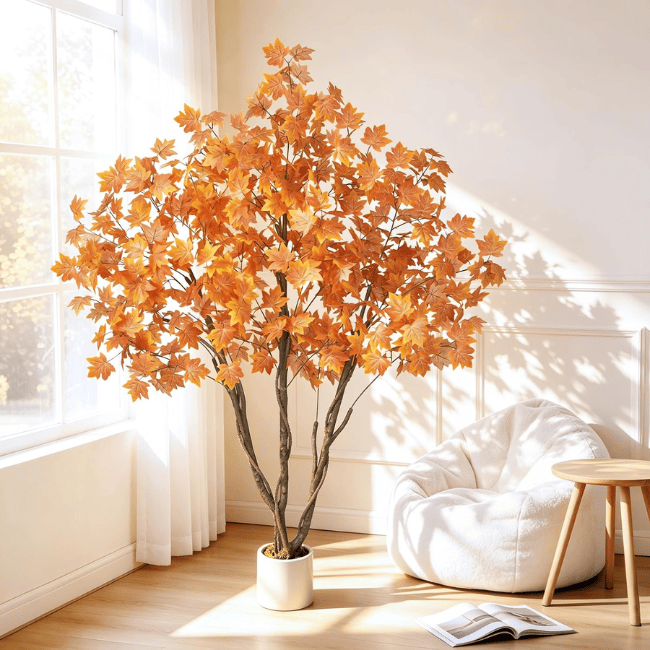6FT Artificial Autumn Eucalyptus Tree with Natural Trunk & White Planter