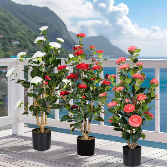 2-Pack 3FT Artificial Camellia Trees – Realistic Faux Camellia Plants